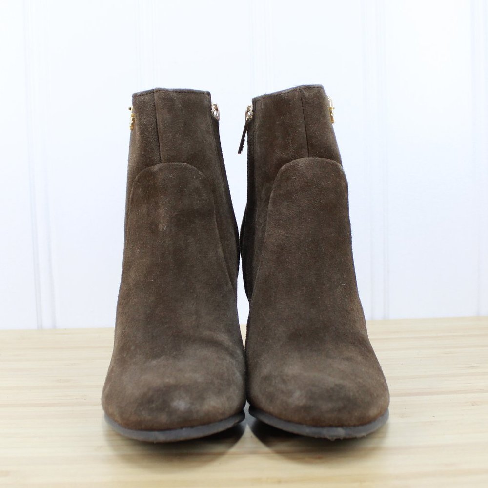 TORY BURCH Brown Suede Side Zip Ankle Stacked Heels Booties Size 7 M - Picture 4 of 9